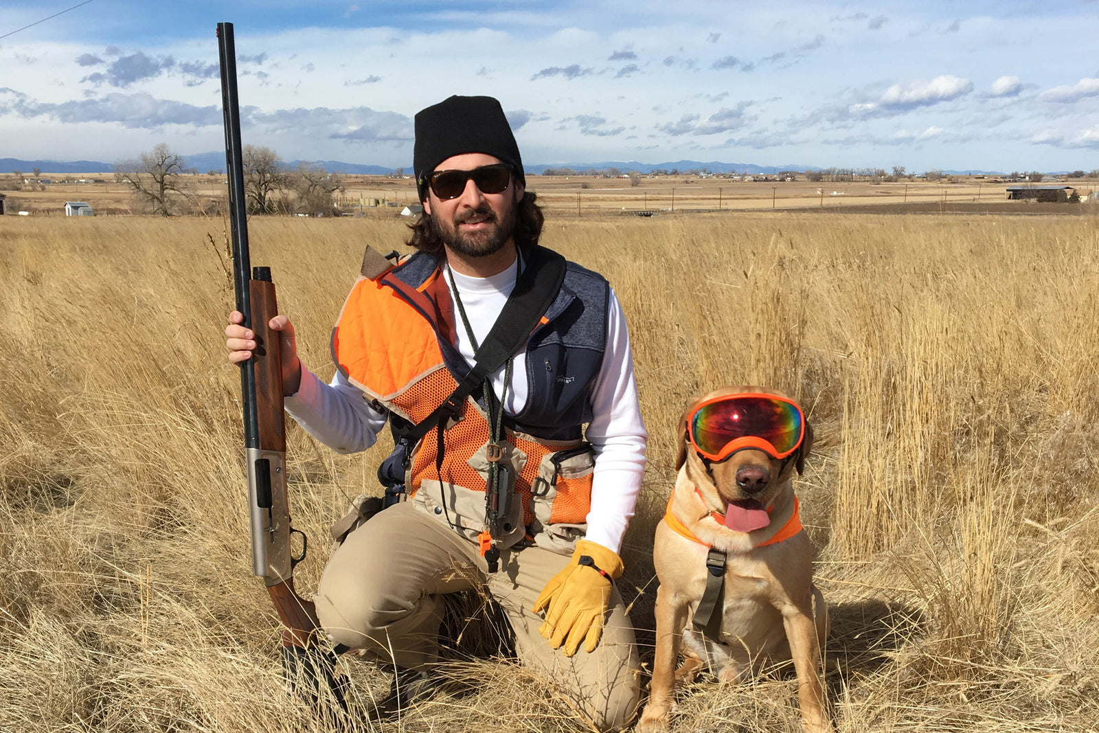 upland hunting with hunter and gun dog wearing rex specs dog goggles