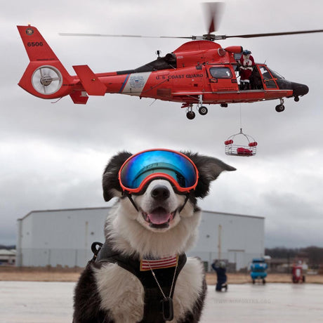 Piper the Australian Shepherd wearing Rex Specs Dog Goggles poses with a helicopter in the background